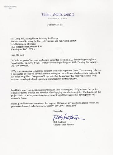 US Senator Portman Letter of Support for HP2g to US DOE grant