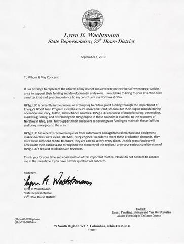 State Rep. Wachtmann Letter of Support for HP2g to US DOE grant