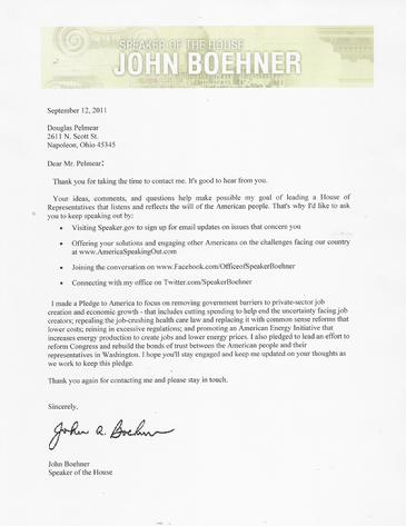 Letter to Doug Pelmear of HP2g 110mpg 400hp V8 Hybrid Engine from Speaker of the House John Boehner about Fuel Economy & Electric Motor